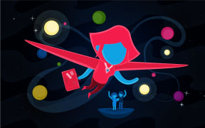 An illustration of a cartoon character flying away