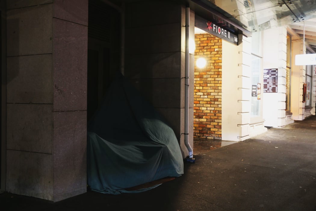 A makeshift tent on Hobson Street in Auckland City.