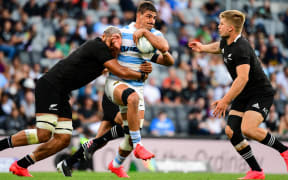 Pumas skipper Pablo Matera on the burst against the All Blacks.
Matera has been stripped of the captaincy and suspended along with two other players.