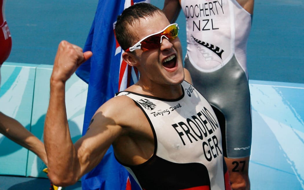 Jan Frodeno wins the triathlon at the 2008 Beijing Olympic Games.