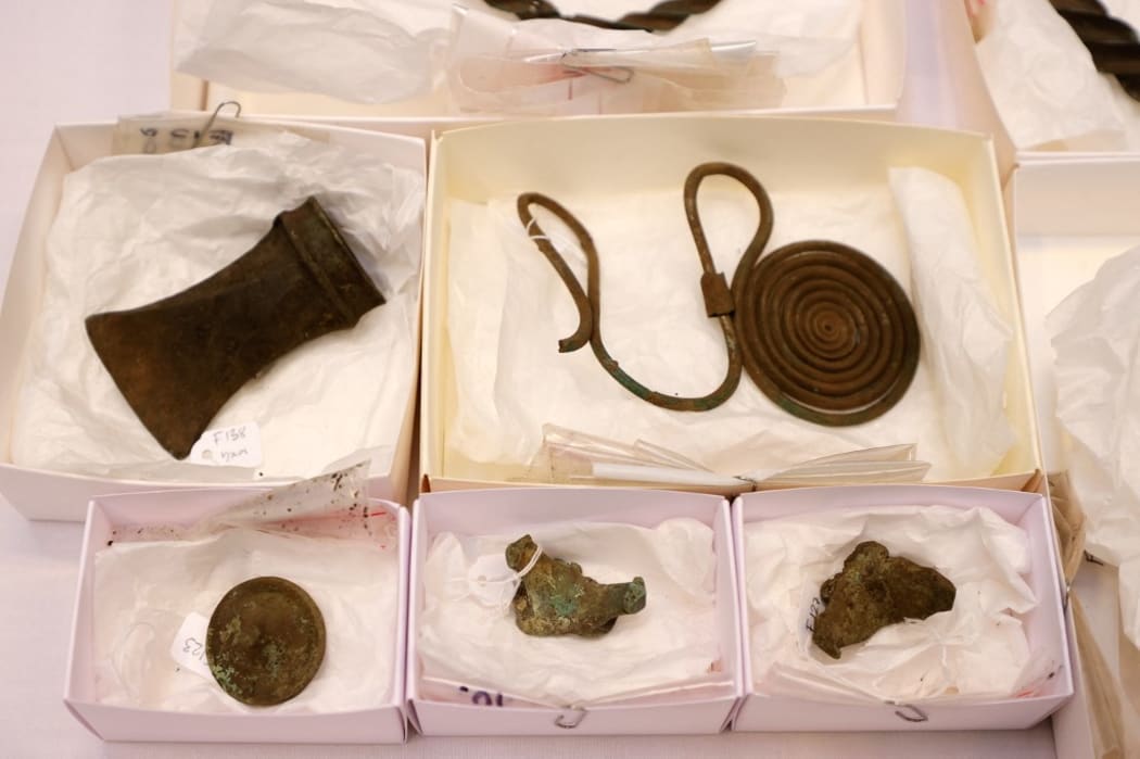 Necklaces, foot rings, chains and other objects from the Late Bronze Age which have been found in an archaeological survey south of Alingsås shown in Gothenburg, Sweden, on April 29, 2021.