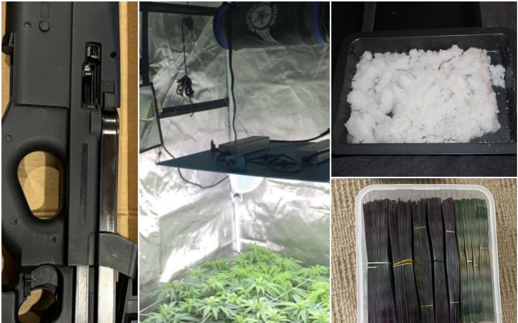 Police seized methamphetamine, firearms and cash.