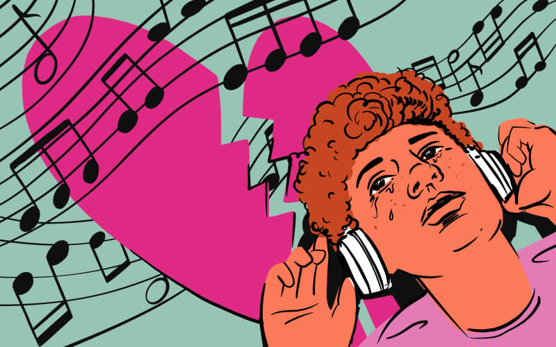 Stylised illustration of a person listening to music with sheet music and a broken heart in background.