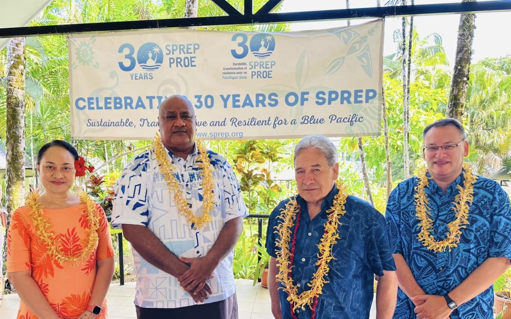 L-R - Easter Chu Shing, SPREP's deputy director general, SPREP's director general Sefanaia Nawadra, New Zealand's Foreign Affairs Minister Winston Peters, Dr Shane Reti, New Zealand's Minister of Health and Minister for Pacific Peoples.