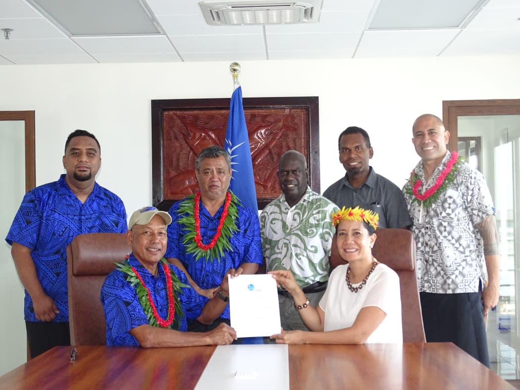 Marshall Islands fisheries Minister Dennis Momotaro and Forum Fisheries Agency Director General Dr. Manu Tupou-Roosen signed an agreement for aerial surveillance following the opening of the new MIMRA headquarters.