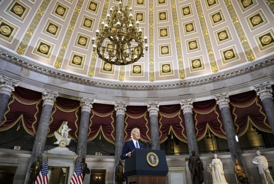 US President Joe Biden speaks at the US Capitol on January 6, 2022, to mark the anniversary of the attack on the Capitol in Washington, DC.
