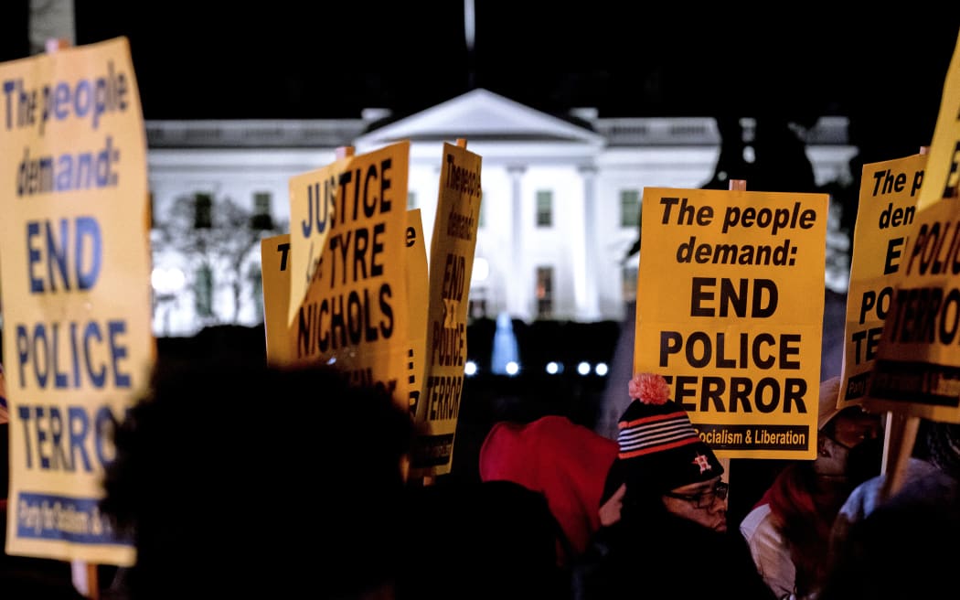 Protesters near the White House, Washington, 27 January 2023, in a rally against the fatal police assault of Tyre Nichols on 7 January.