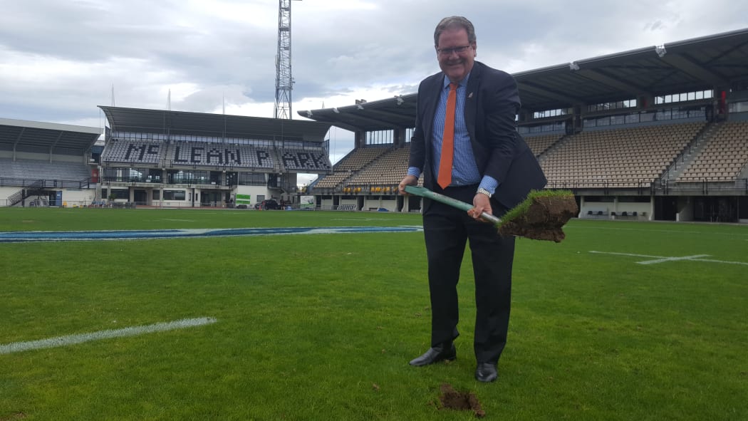 Napier Mayor Bill Dalton turns the first sod in the long-awaited $4.9m redevelopment of the troubled McLean Park.