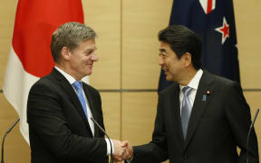 Prime Minister Bill English, left, with Japan's Prime Minister Shinzo Abe during a joint news conference at Mr Abe's official residence in Tokyo on Wednedsay.