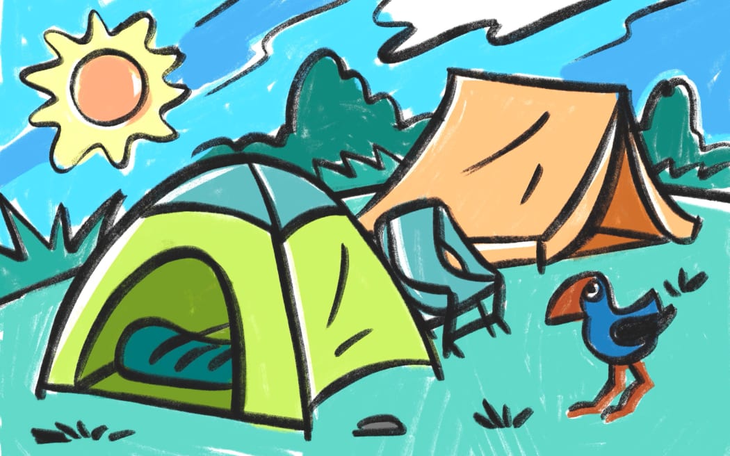Sunny day campsite with tents and Pukeko
