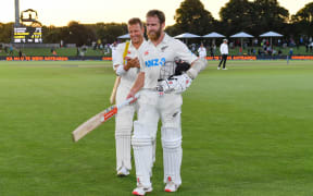 Neil Wagner and Kane Williamson of the Black Caps celebrate winning the first cricket test against Sri Lanka, Christchurch, 2023.