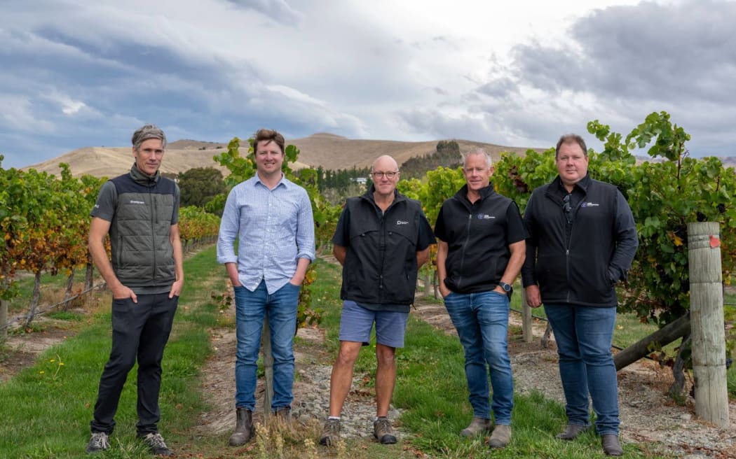 Joris Besamusca (Integrape), Jarrah Prior (Saint Clair Family Estate), Vaughn Bell (Plant & Food Research), Jason Bennett and Chris Clifford (Agri Automation) in Blenheim as field trials get underway.