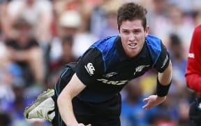 The Black Caps fast bowler Adam Milne in action.