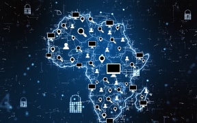 Cyberspace communication concept with digital Africa map, glowing social media icons, computer signs and locks at dark background. 3D rendering