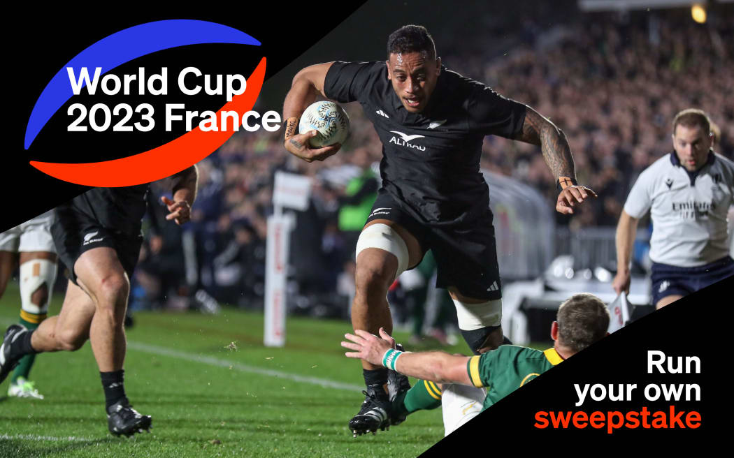 An All Black winger scores a try, in one corner of the image are the words "World Cup 2023 France" and in the opposite corner "Print your own sweepstake"