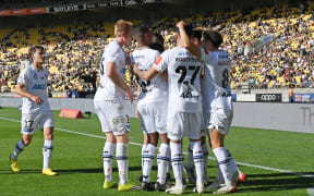 Auckland FC players celebrate a goal, A-League, Wellington Phoenix v Auckland FC, Sky Stadium, Wellington. Saturday 21 February, 2026
© Mandatory credit: Kerry Marshall / www.photosport.nz