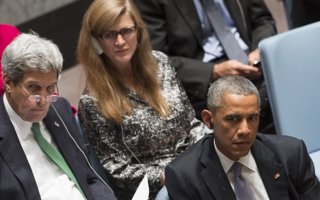 Samantha Power (centre), US Secretary of State John Kerry and President Barack Obama at a UN Security Council meeting.