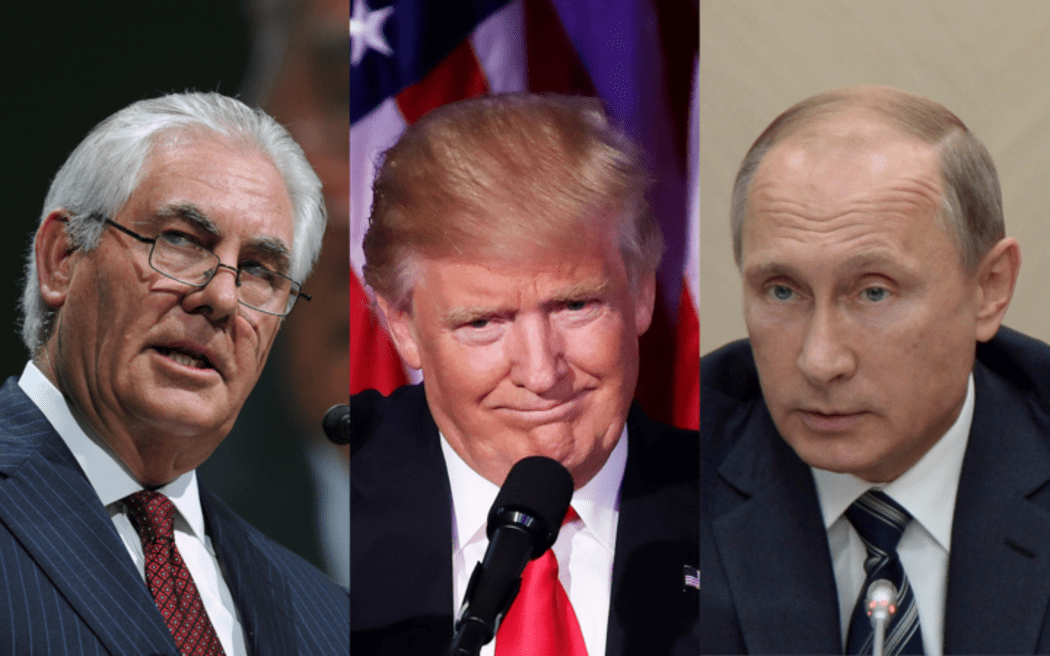 Left to right: Rex Tillerson, Donald Trump, Vladimir Putin