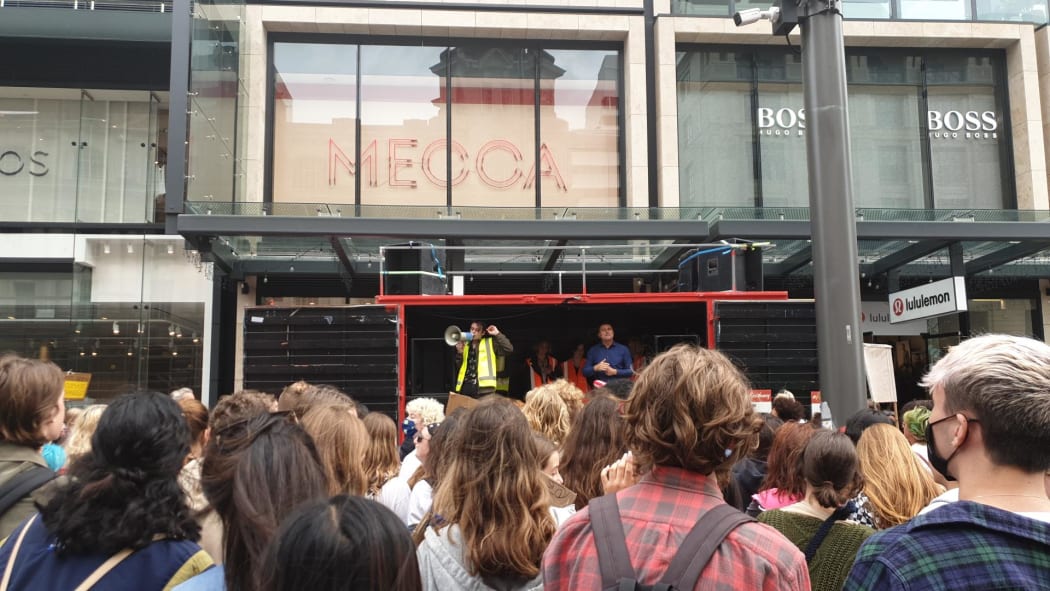 Organiser Jack Barlow thanks the crowd in Auckland for solidarity with young people.