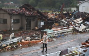 Houses are damaged by strong wind that is considered to be tornado in Ichihara, Chiba prefecture on Oct. 12, 2019, as Typhoon Hagibis, a massive Category 5 storm, is approaching to Japan.