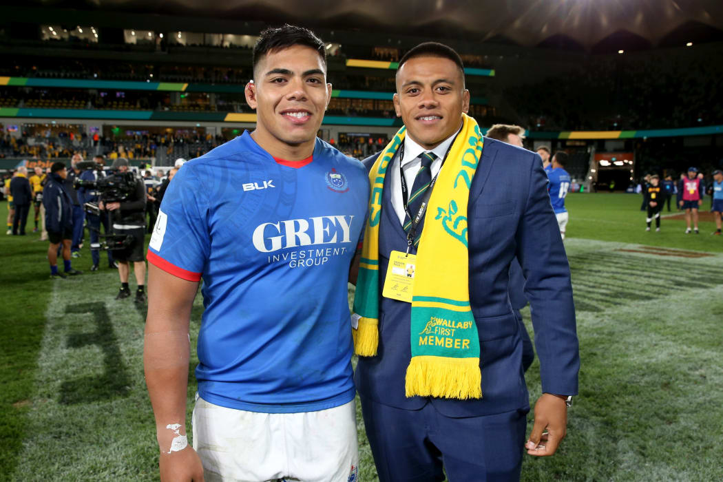 Manu Samoa's Michael Alaalatoa with brother and Wallabies prop Allan after his test debut.