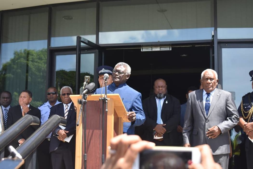 Manasseh Sogavare speaks on the steps of Solomon Islands National Parliament shortly after winning the prime ministerial election. 24 April 2019