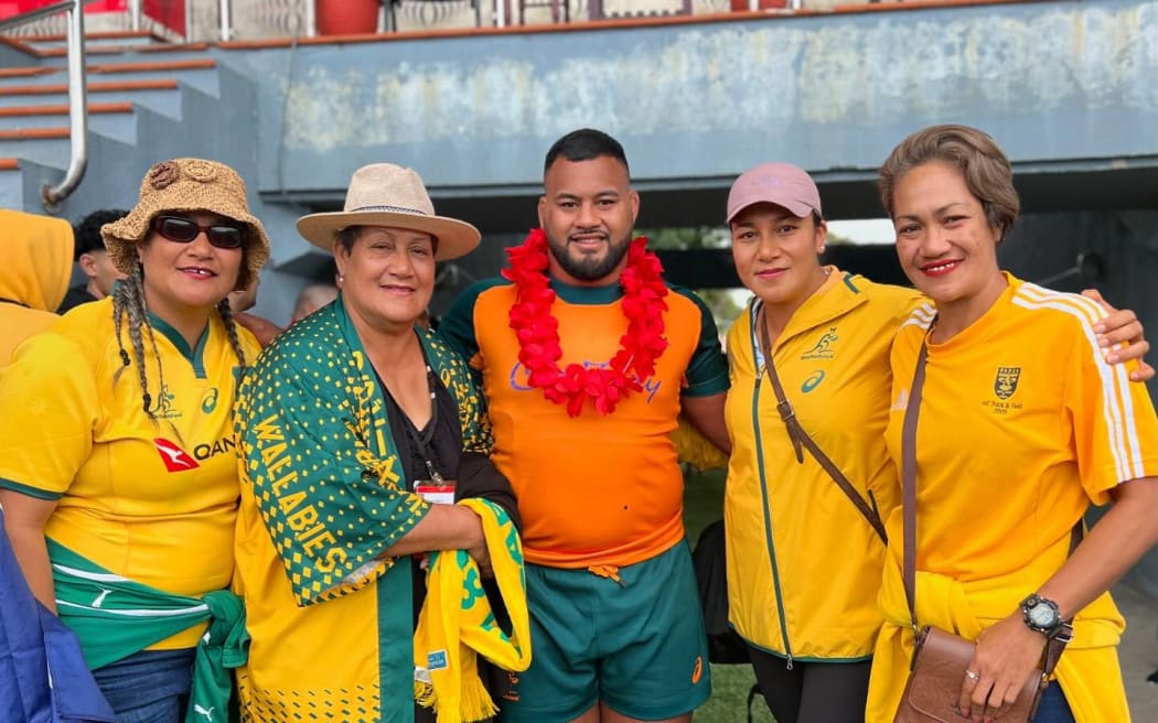 Taniela Tupou and his family members, including mum Loisi, after a Wallaby match.
