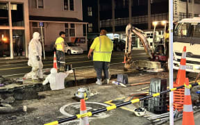 Contractors are working into the night to fix a drinking water pipe that burst on Thorndon Quay earlier on Tuesday, 29 April 2025.