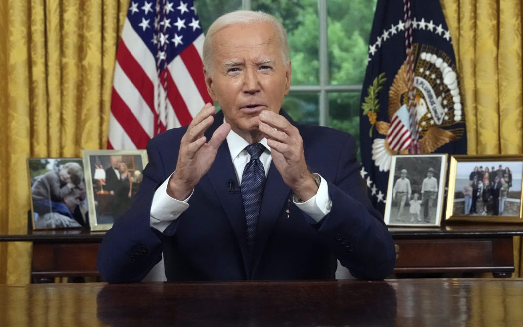 US President Joe Biden delivers a nationally televised address from the Oval Office of the White House on July 14, 2024 in Washington, DC.