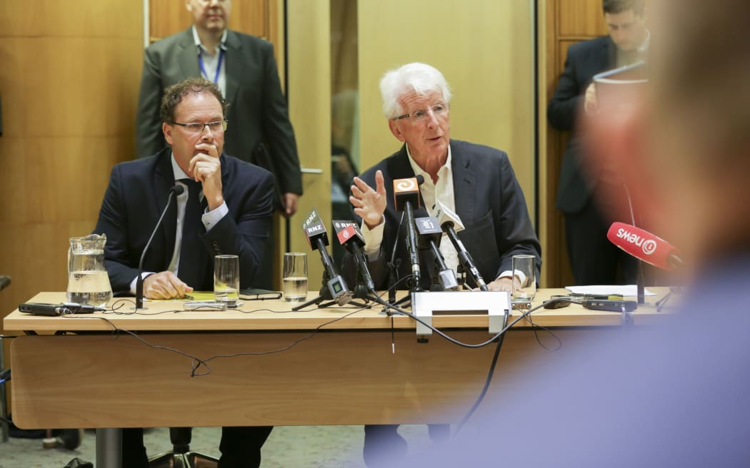 RNZ chief executive Paul Thompson (left) and chair Richard Griffin front up to the Select Committee.