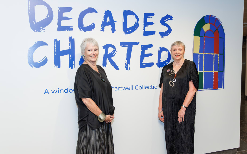 Sisters Karen Gardiner (left) and Sue Gardiner (right) at Decades Chartered, Waikato Museum, February 2024.