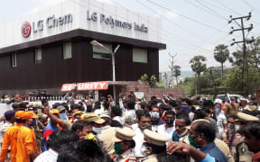 Residents protest in front of LG Polymers plant demanding justice to the gas leak victims, in Visakhapatnam on 9 May, 2020.