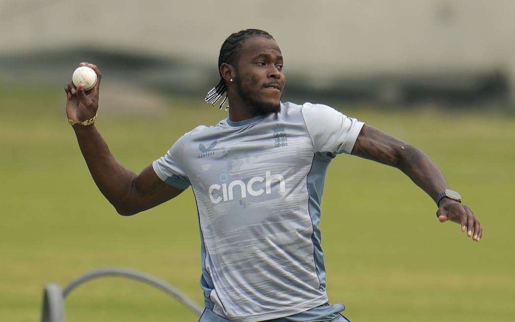 FILE - England's Jofra Archer participates in a training session ahead of their second T20 cricket match against Bangladesh in Dhaka, Bangladesh, on March 11, 2023. The return of fast bowler Jofra Archer has boosted England's chances of becoming the first team to win consecutive Twenty20 World Cups. (AP Photo/Aijaz Rahi, File)