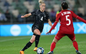 CJ Bott of Football Ferns during the international friendly match at McLean Park, Napier , New Zealand on Monday10 July 2023. Mandatory credit: Lynne Cameron / www.photosport.nz