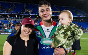 Warriors Charnze Nicoll-Klokstad with his family after their win in the Telstra NRL Premiership v Roosters.