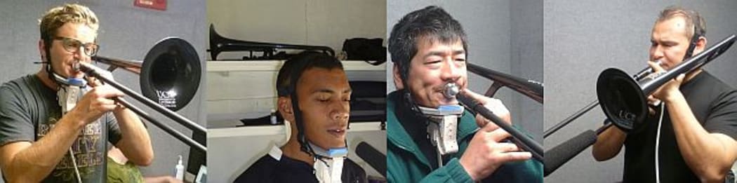 Trombonists in the study included Matt Allison,  NZSO & Victoria University. Simione Pongi, Royal Tonga Police Band, wearing the ultrasound head brace. Akira Hirasawa.
Los Angeles-based Francisco Torres, Gordon Goodwin’s Big Phat Band.