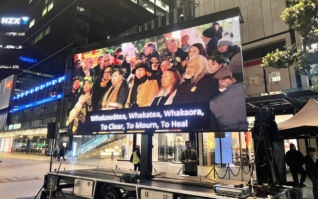 A karakia was held in central Auckland on 27 July 2023, a week after two people were killed by a gunman at a lower Queen Street construction site.