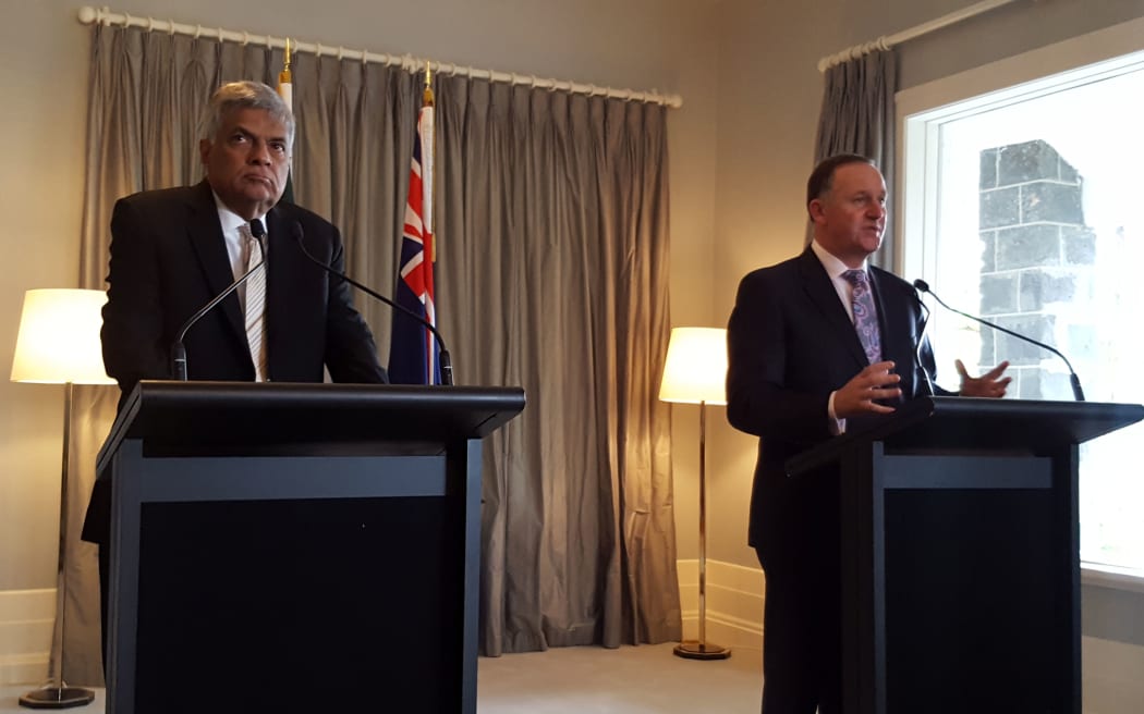 Sri Lankan Prime Minister Ranil Wickremesinghe and Prime Minister John Key at a press conference in Auckland this morning.