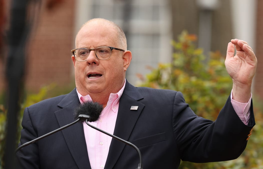 ANNAPOLIS, MARYLAND - APRIL 17: Maryland Governor Larry Hogan talks to reporters during a news briefing about the ongoing novel coronavirus pandemic in front of the Maryland State House April 17, 2020 in Annapolis, Maryland.