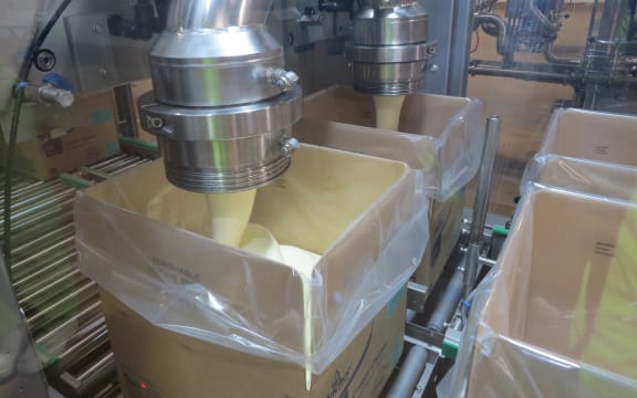 Hot cream cheese being packed at Fonterra's Darfield plant for Asian markets.