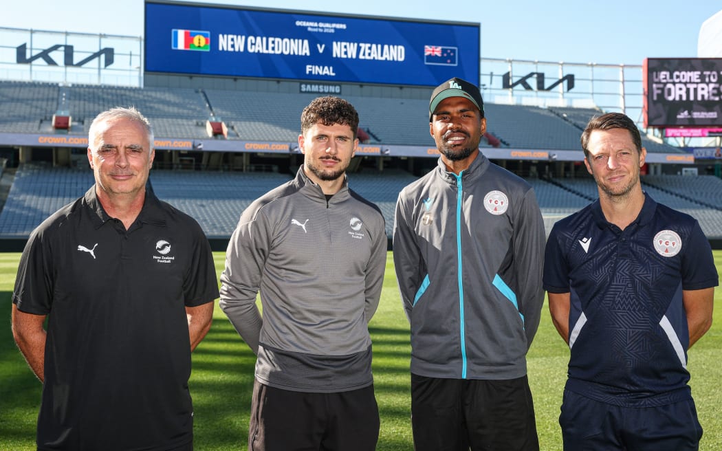 New Zealand's coach Darren Bazeley, New Zealand's Liberato Cacace, New Caledonia's Jekob Jeno and New Caledonia's coach Johann Sidaner. FIFA World Cup 2026 - OFC Qualifiers.