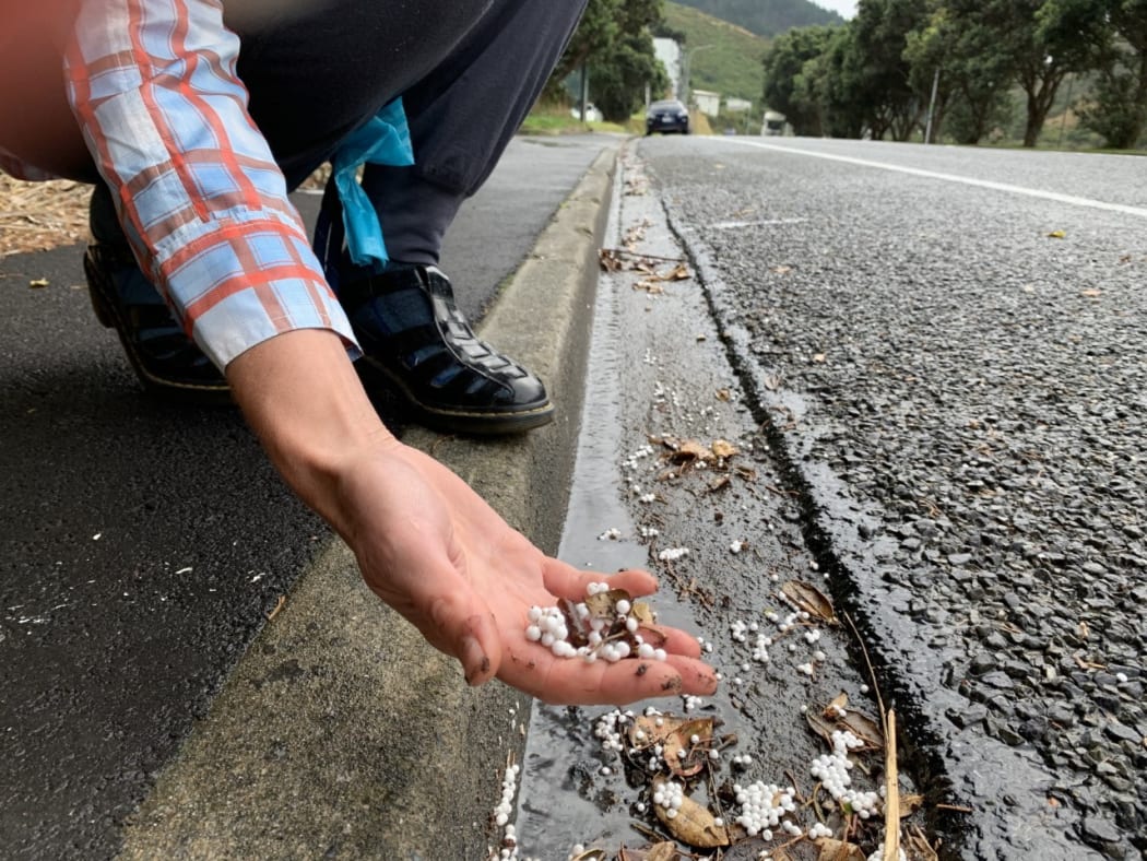 Owhiro Bay resident Jade Lorier with the polystyrene balls.