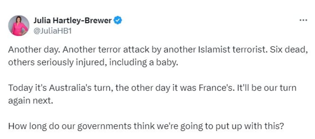Conservative British radio broadcaster Julia Hartley-Brewer falsely suggested the Bondi Junction attacker was motivated by Islam.
