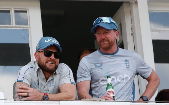 Brendon McCullum the England head coach (left) with Paul Collingwood watching.