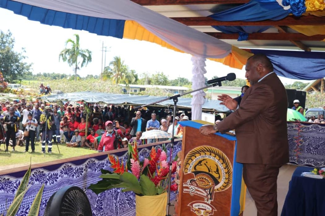 Papua New Guinea's Prime Minister James Marape addresses the public at a groundbreaking ceremony for the upgrade of Kavieng airport in New Ireland province, 16 July 2020