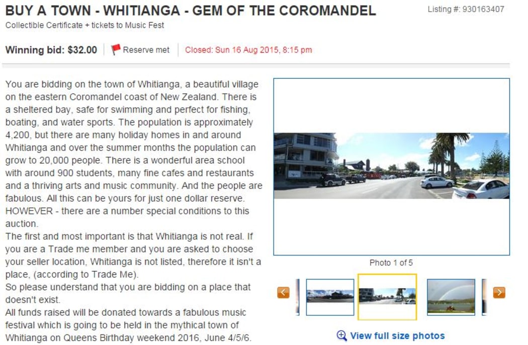 Screen shot of Whitianga 'for sale' on Trade Me.