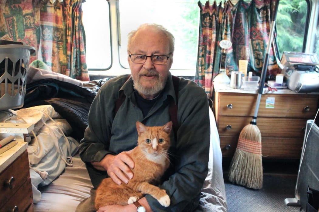 After a rough few years, Southland retiree John - and his cat Puss - now lives in a caravan, which was a gift from friends who were worried about him living in a tent.