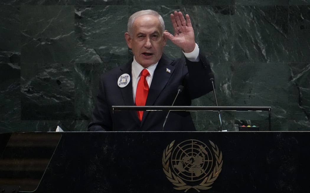 Israeli Prime Minister Benjamin Netanyahu addresses the United Nations General Assembly at UN headquarters in New York City on September 26, 2025. Netanyahu aggressively ruled out Palestinian statehood in a speech to the UN Friday telling those delegates who stayed to listen that it would be tantamount to "national suicide" for his country. "Israel will not allow you to shove a terrorist state down our throats. We will not commit national suicide because you don't have the guts to face down the hostile media and antisemitic mobs demanding Israel's blood," he said. (Photo by TIMOTHY A. CLARY / AFP)