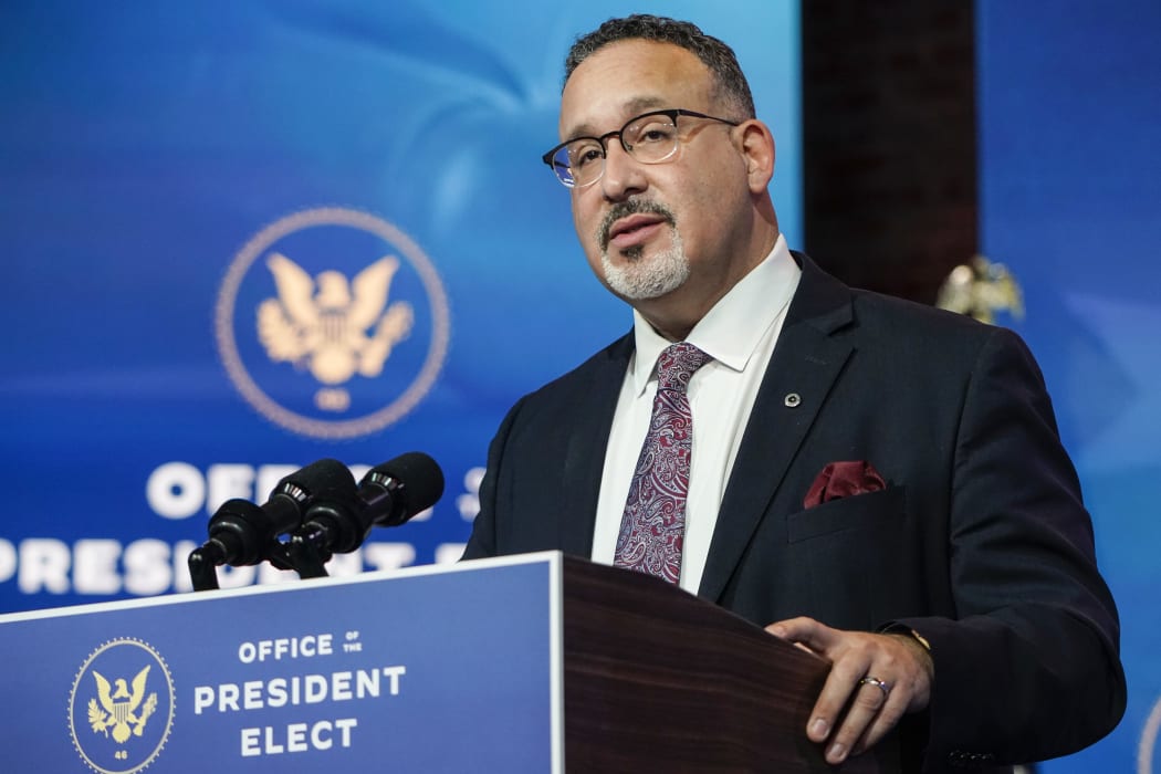 Miguel Cardona speaks after President-Elect Joe Biden announced his nomination for Education Secretary at the Queen theatre on December 23, 2020 in Wilmington, Delaware.