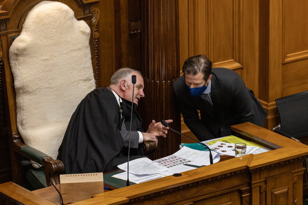 The Speaker Trevor Mallard has a quiet word with the new National Senior Whip Chris Penk